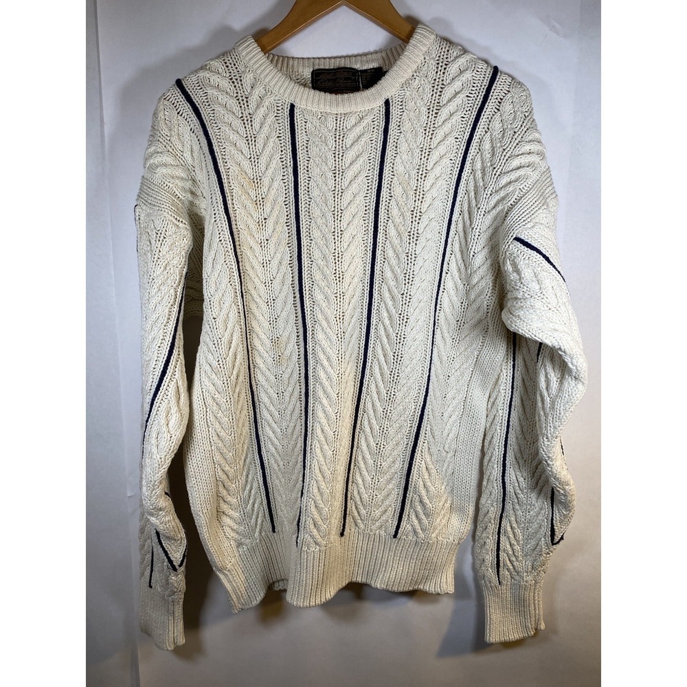 Vintage Eddie Bauer Cable Knit Sweater Medium white and navy blue stripe